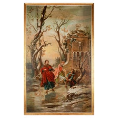 Monumental del siglo XIX. Pintura al óleo francesa de unos elegantes patinadores en un paisaje invernal