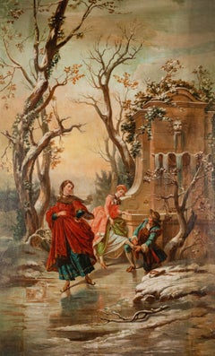 Monumental del siglo XIX. Pintura al óleo francesa de unos elegantes patinadores en un paisaje invernal