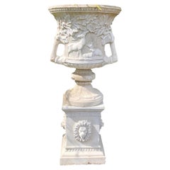 Large Classical Style Composite Stone Garden Urn on Plinth with Stags and Lions