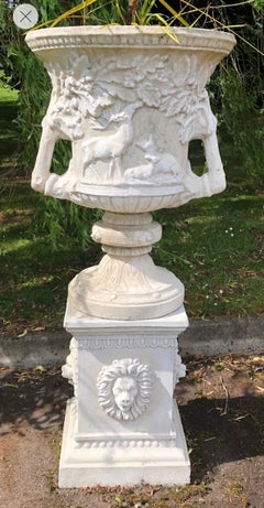 Large Classical Style Composite Stone Garden Urn on Plinth with Stags and Lions