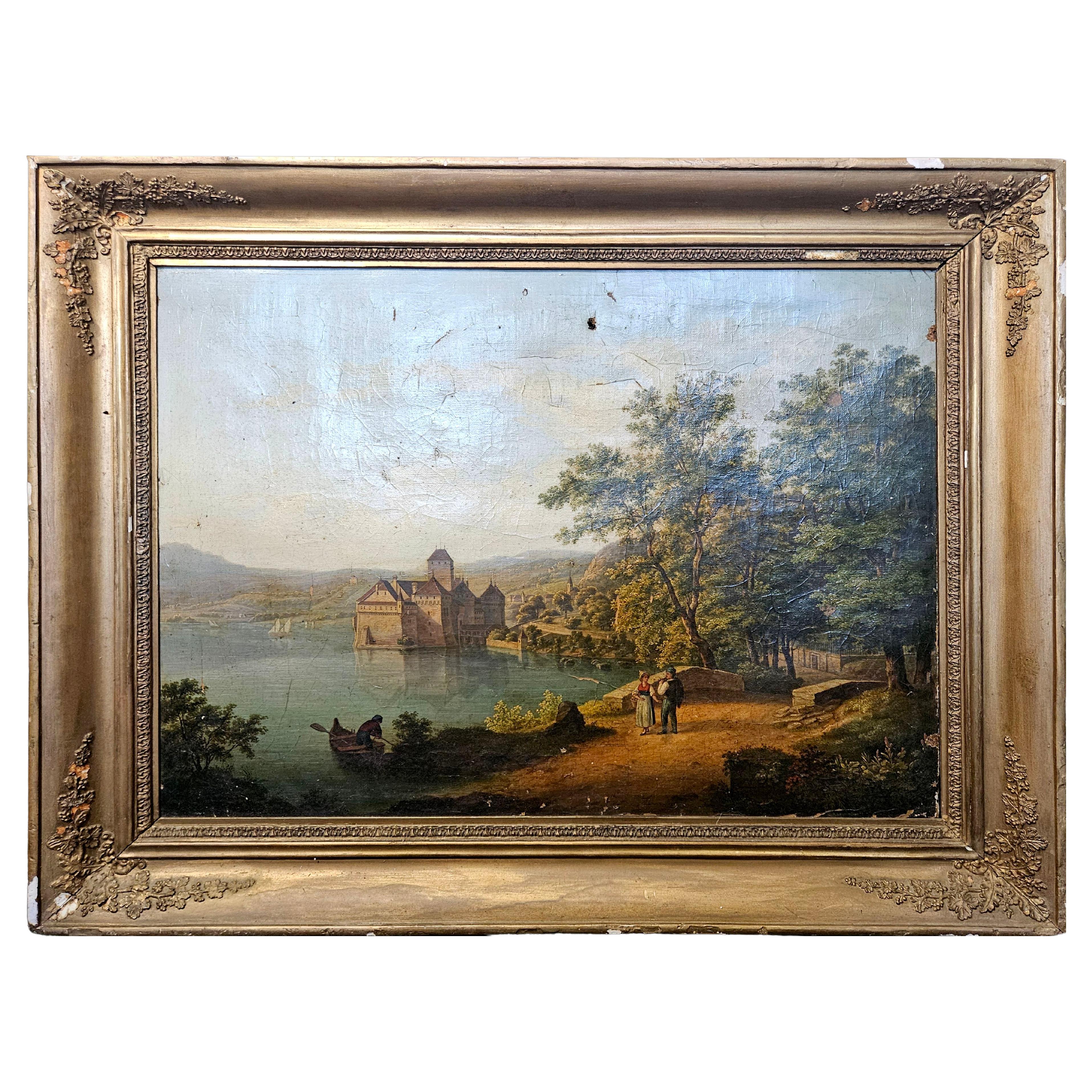 Ancienne peinture à l'huile de la Continental School, "Le château", 19e siècle