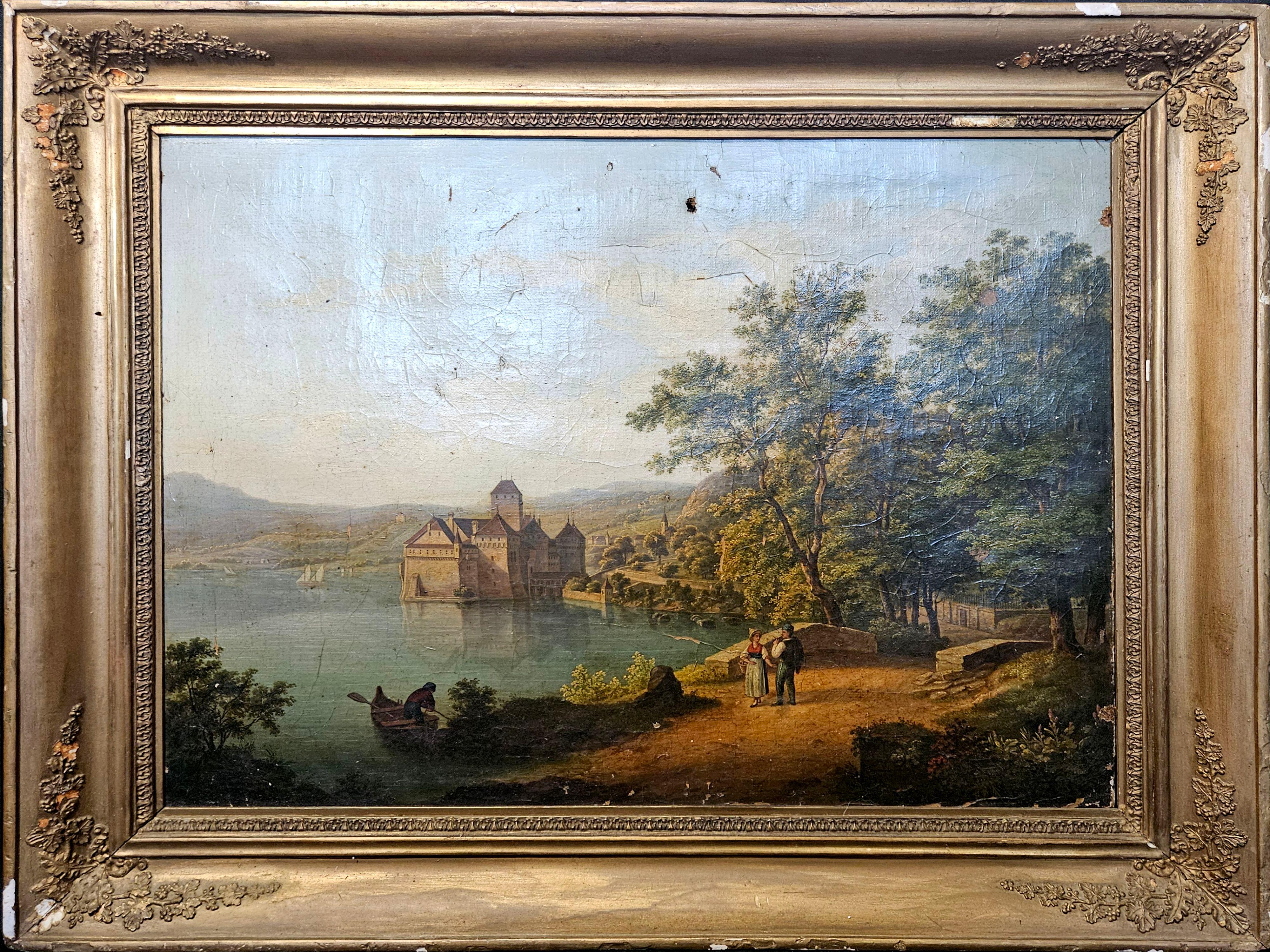 Peinture à l'huile sur toile de l'école continentale du 19e siècle représentant un lac, trois personnages et un grand château. 19 x 23.5 in, encadré 25 x 30 in. Non signée. La toile présente quelques trous, des écailles et des craquelures.