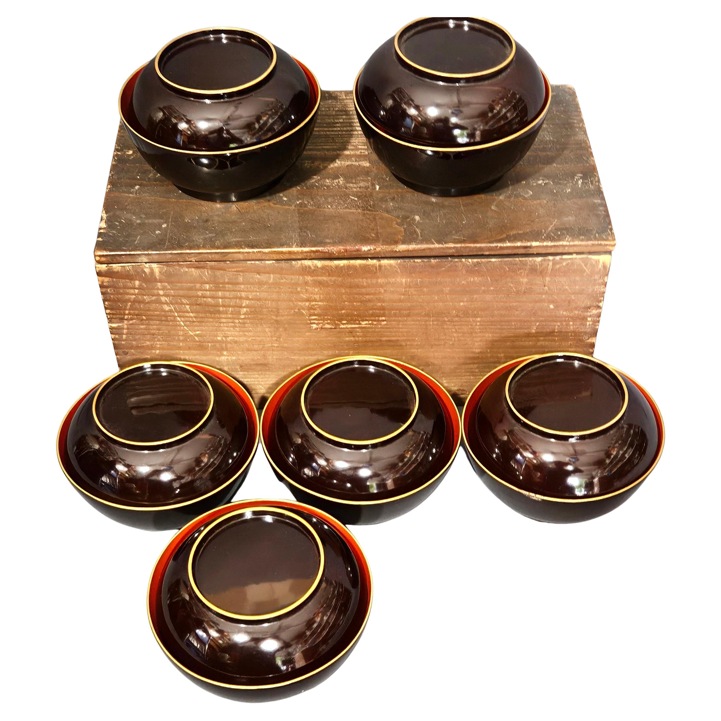 Japanese Lidded Rice Lacquer Bowls w/ Covers, 19 Century For Sale