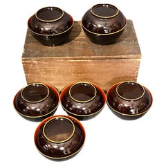 Antique Japanese Lidded Rice Lacquer Bowls w/ Covers, 19 Century