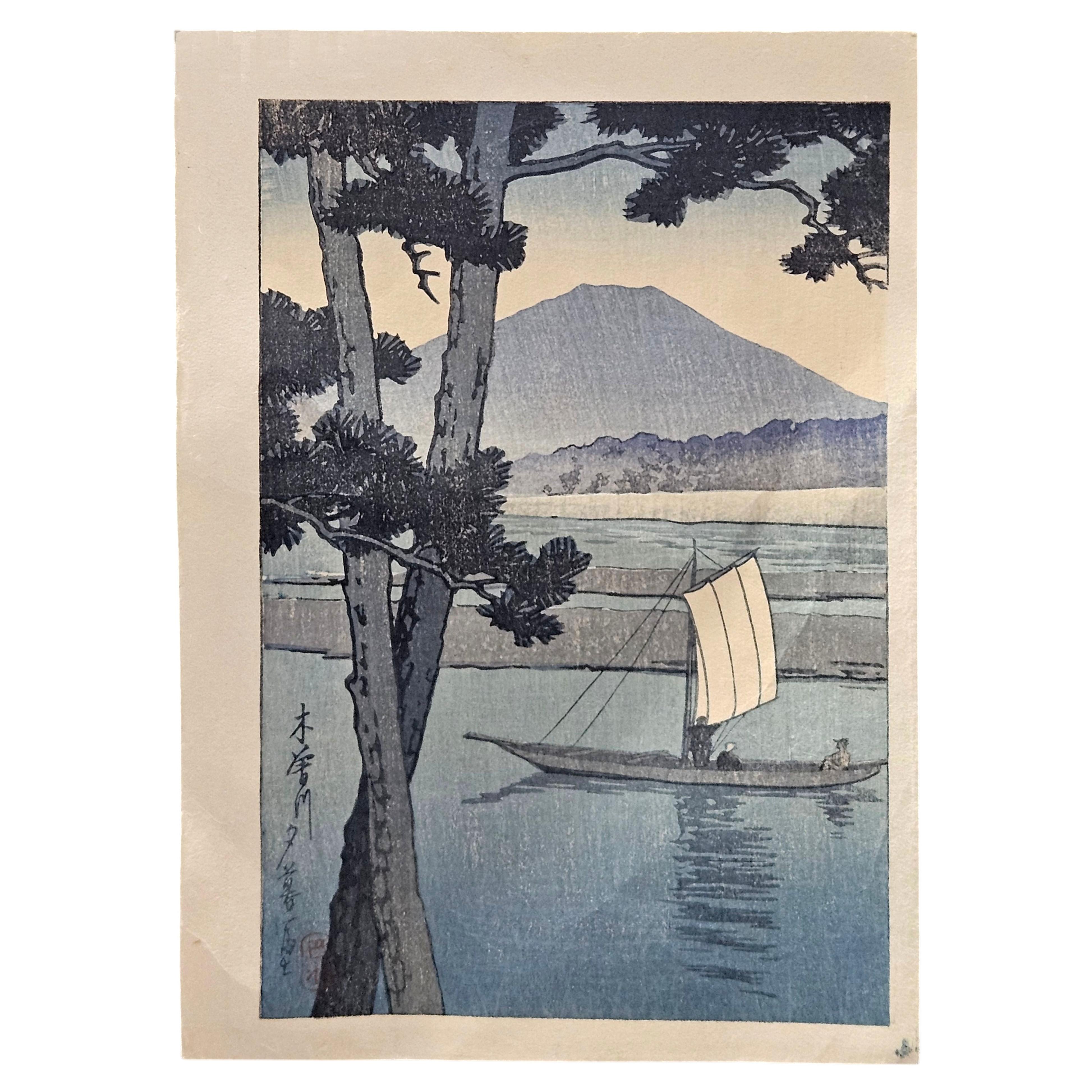 Estampe sur bois originale de KAWASE HASUI intitulée « Le voilier du mont Fuji », au format carte postale