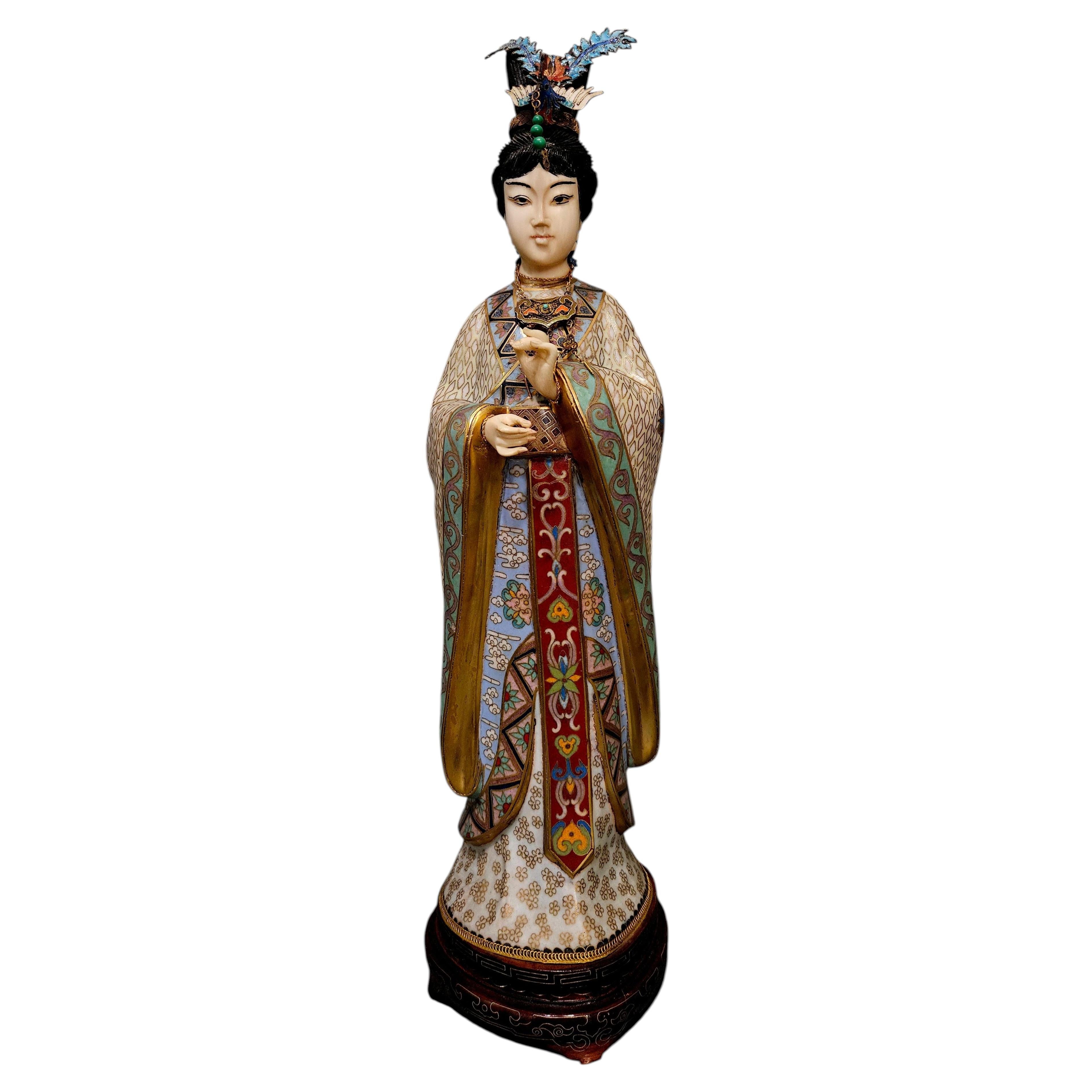 A Large and Heavy Chinese Cloisonné Gilt and Enamel Carved Guanyin Figuring For Sale