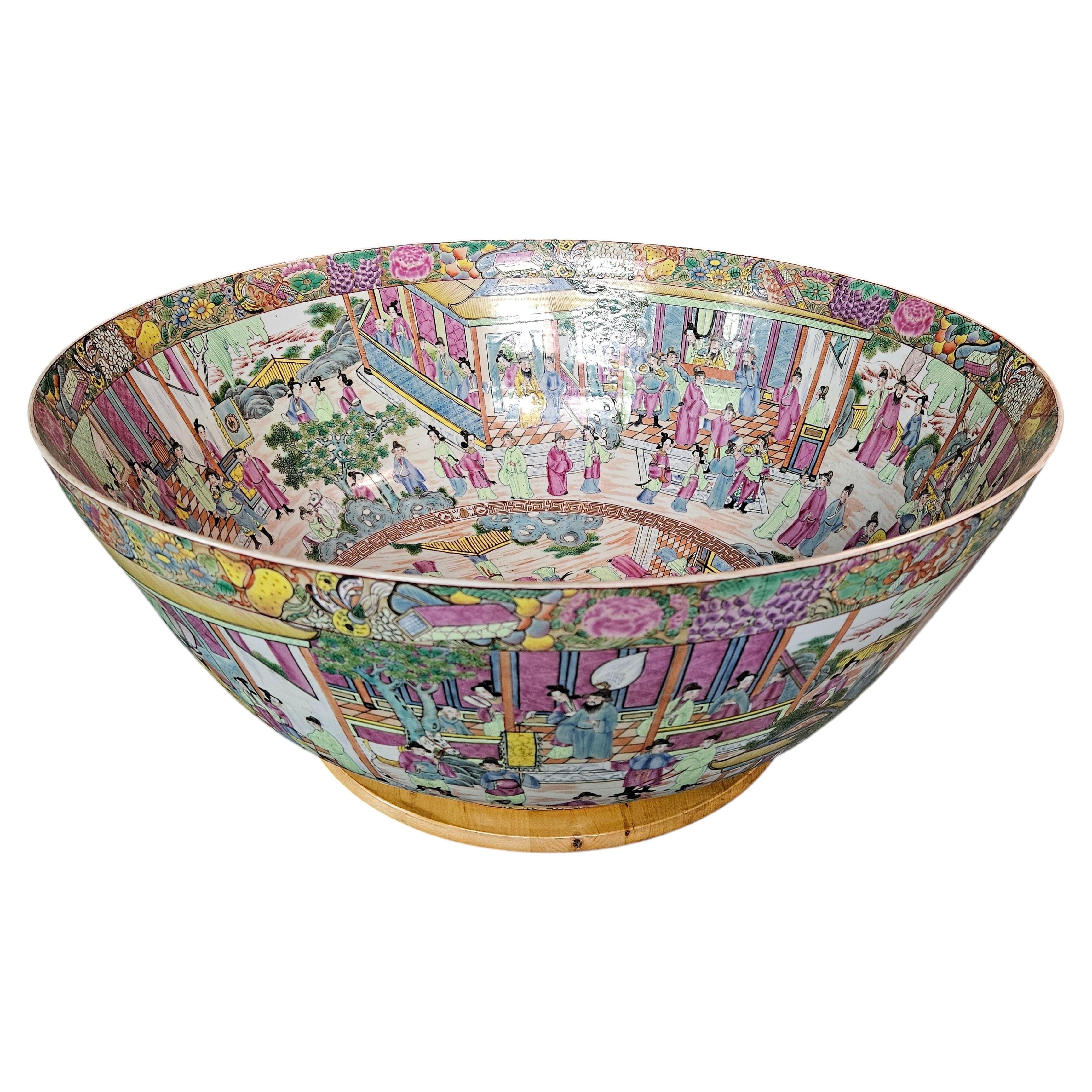 "MONUMENTAL" Antique Chinese Export 25" Rose Mandarin Punch Bowl w/270 People For Sale