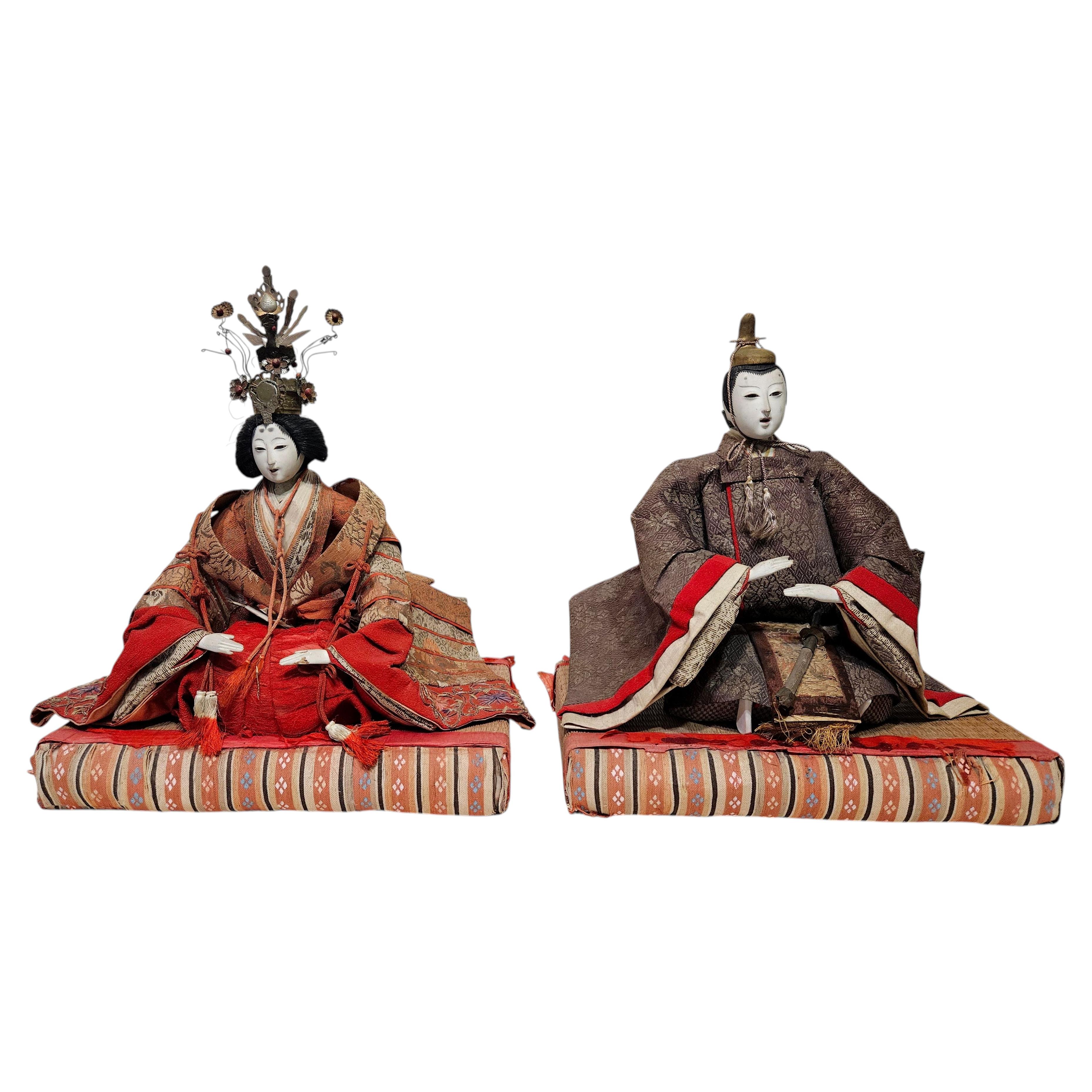 Antike japanische Hina-Puppen des Kaisers und der Kaiserin auf Tatami-Sockeln, Edo #hd004