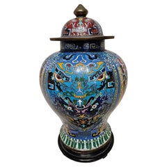 Antique Large Chinese Cloisonné Covered Jar on Wooden Stand, 19th Century