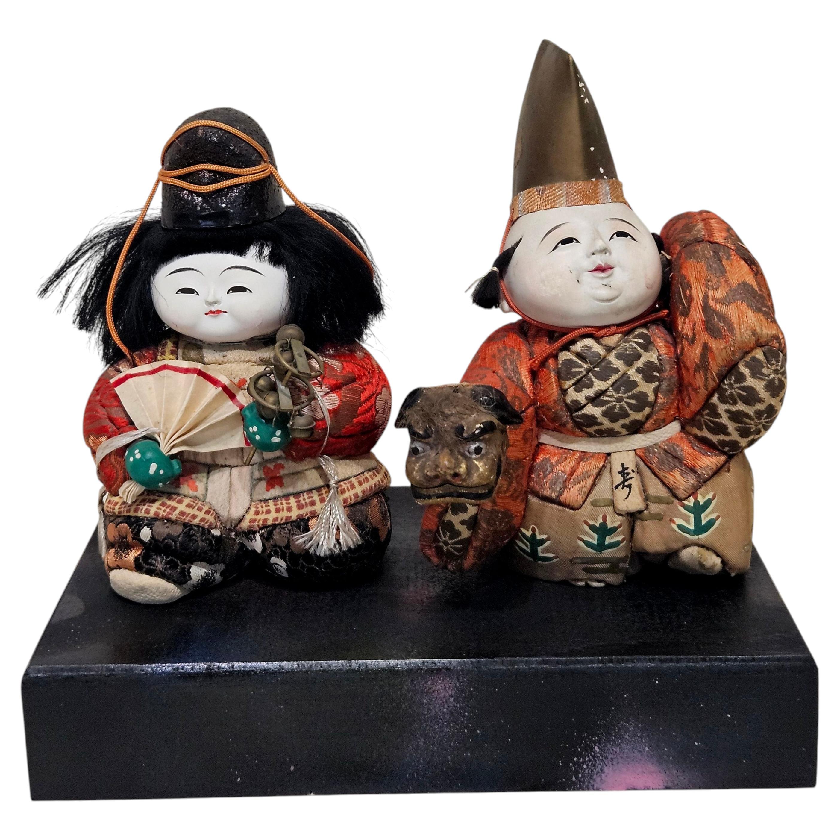 Antikes Paar japanischer Kimekomi-Puppen, Taisho-/Showa-Zeit im Angebot