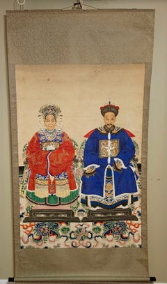 Antique A Large Exquisitely Chinese Scrolled Ancestor Portrait, 19th Century
