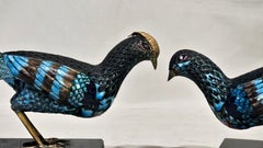 Chinese Export Long Pair of Cloisonne Pheasants on Wooden Stands, Mid Century