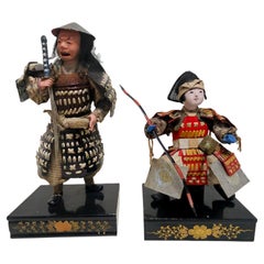 Antique Two Japanese Musha Ningyo Dolls #38 , Edo Period, 1800s