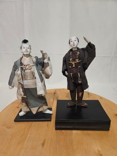 Antique 2 Hina Japanese Dolls on Wood Stand #046, Meiji Period