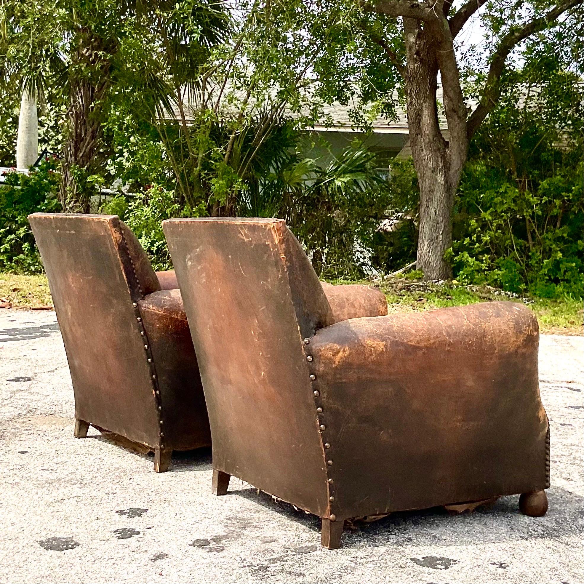 Vintage Boho Distressed French Art Deco Leather Club Chairs - a Pair For Sale 10