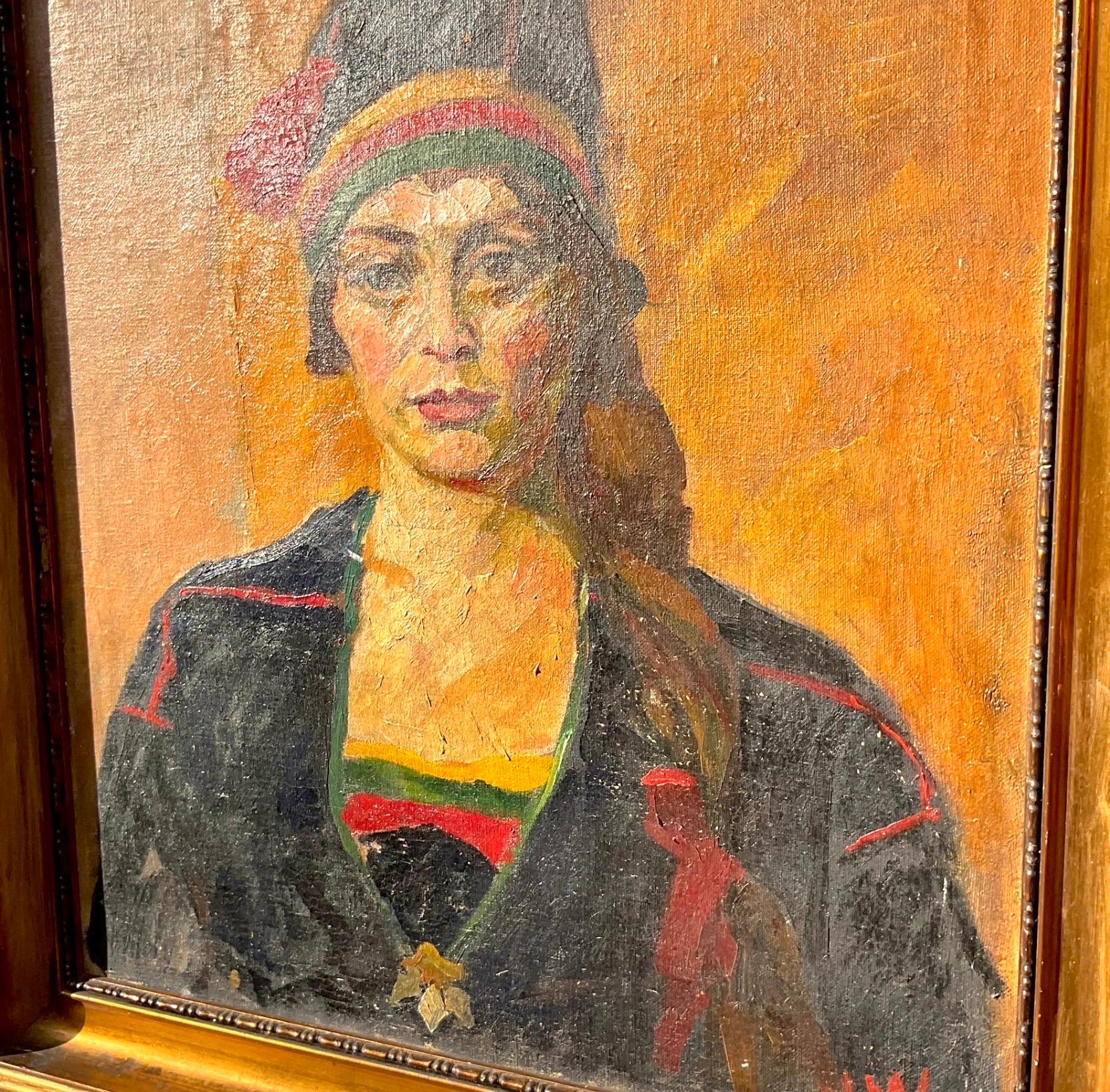 20ième siècle Portrait à l'huile original sur toile vintage signé Boho en vente