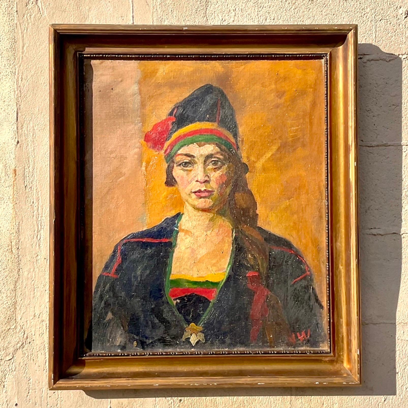 Vintage Boho Signed Original Oil Portrait on Canvas For Sale 2