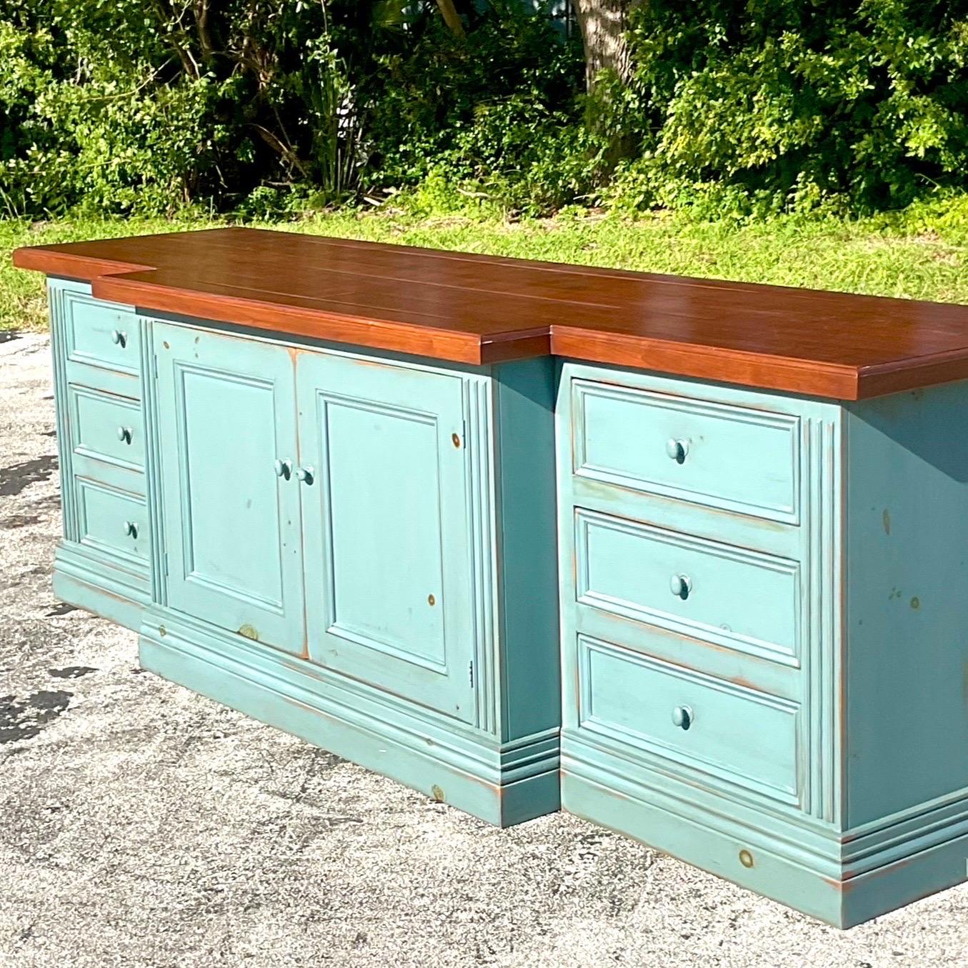 Late 20th Century Vintage Boho Monumental Blue Wash Credenza For Sale 1