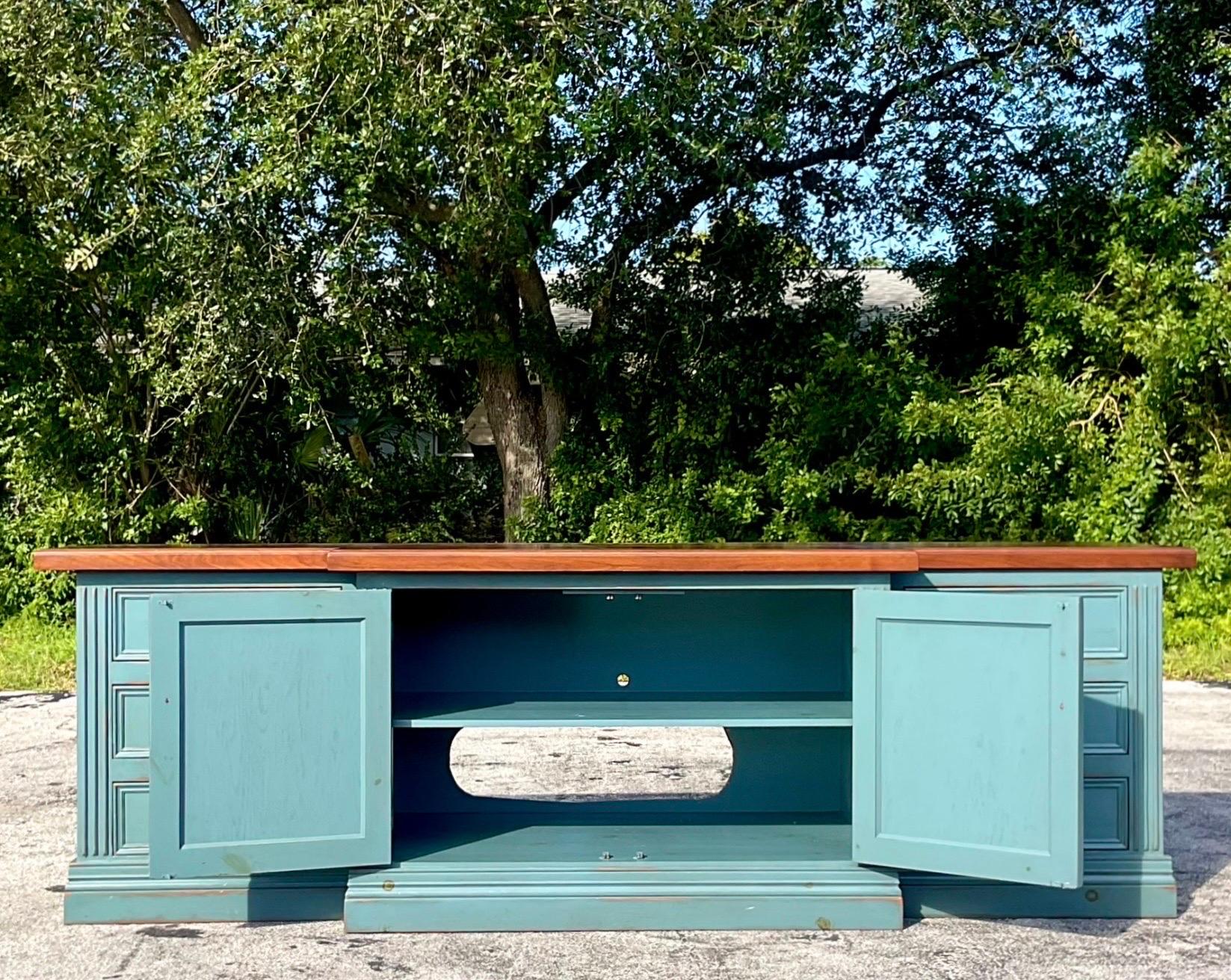 Metal Late 20th Century Vintage Boho Monumental Blue Wash Credenza For Sale