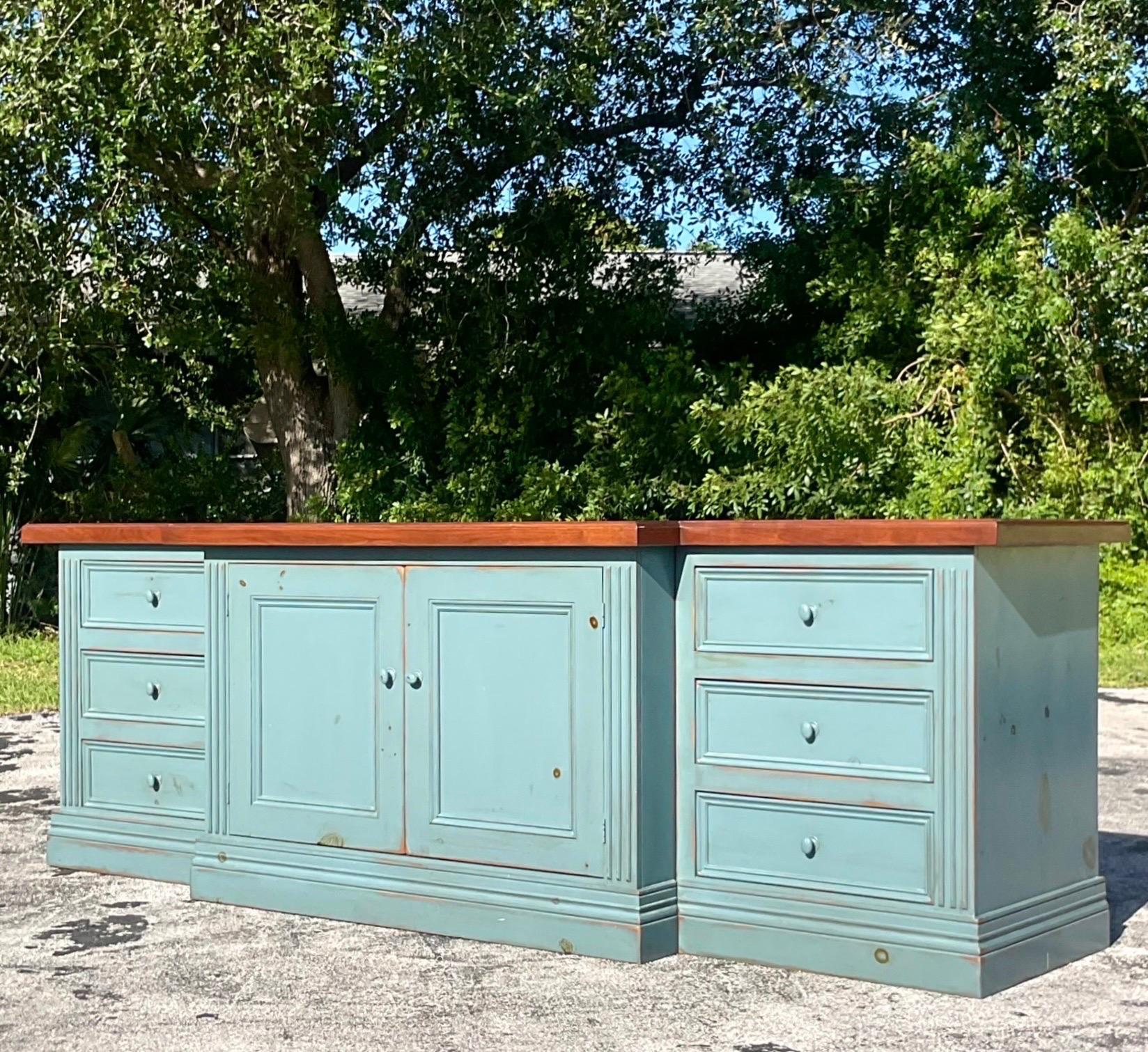 Late 20th Century Vintage Boho Monumental Blue Wash Credenza For Sale 2