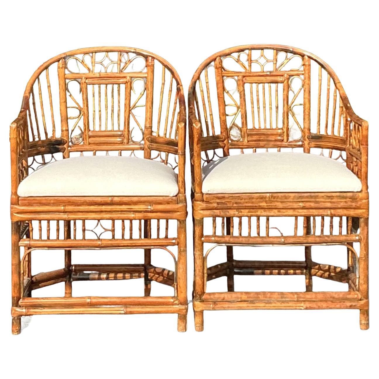 Vintage Coastal Tortoise Rattan Brighton Pavillion Chairs - A Pair