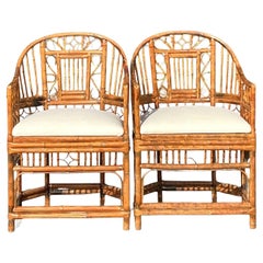Vintage Coastal Tortoise Rattan Brighton Pavillion Chairs - A Pair