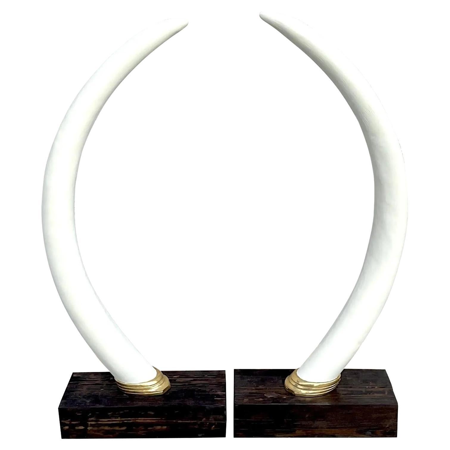 Vintage Boho Monumental Plaster Elephant Tusks - Set of 2 For Sale