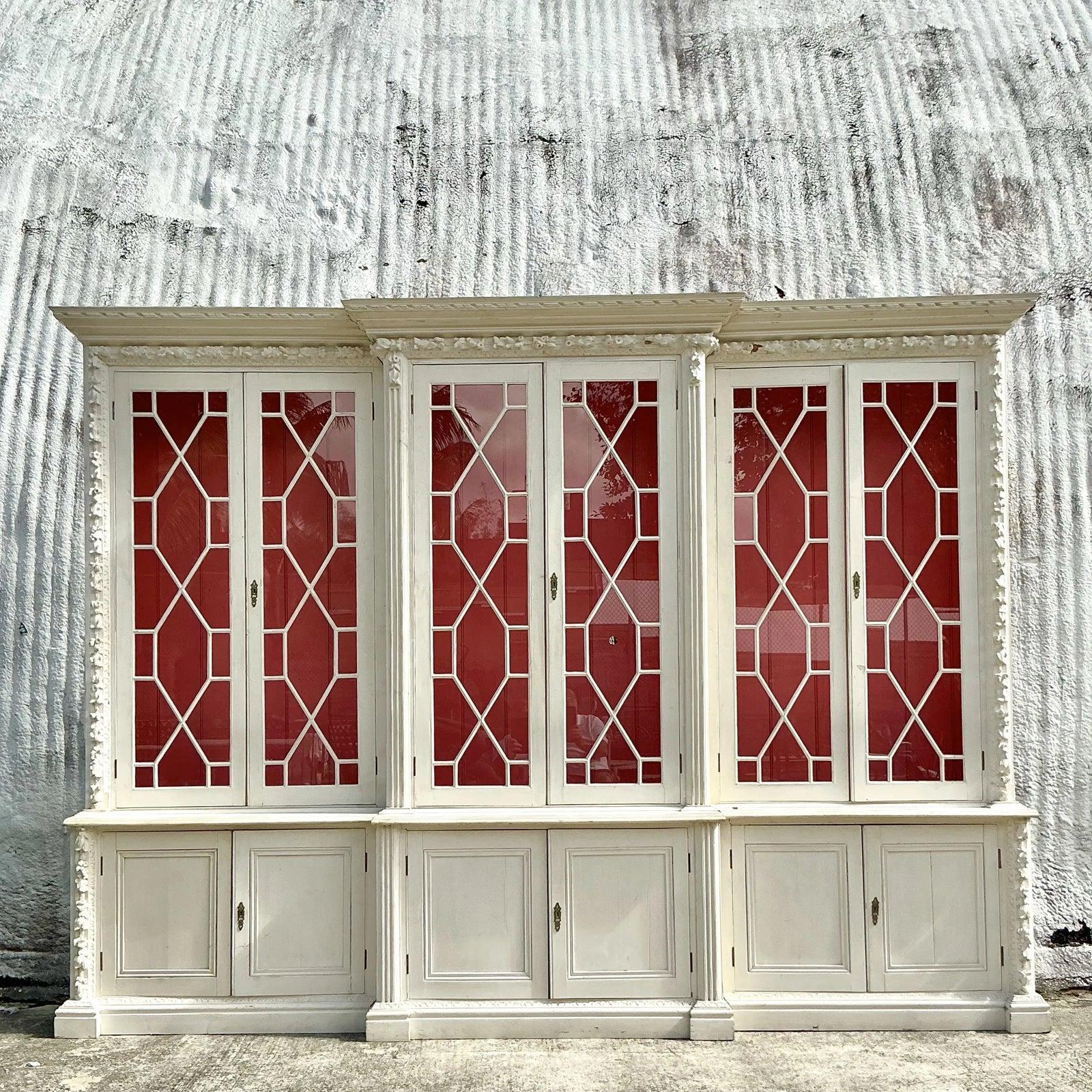 Vintage Regency George III Style Step Back Washed Breakfront In Good Condition For Sale In West Palm Beach, FL