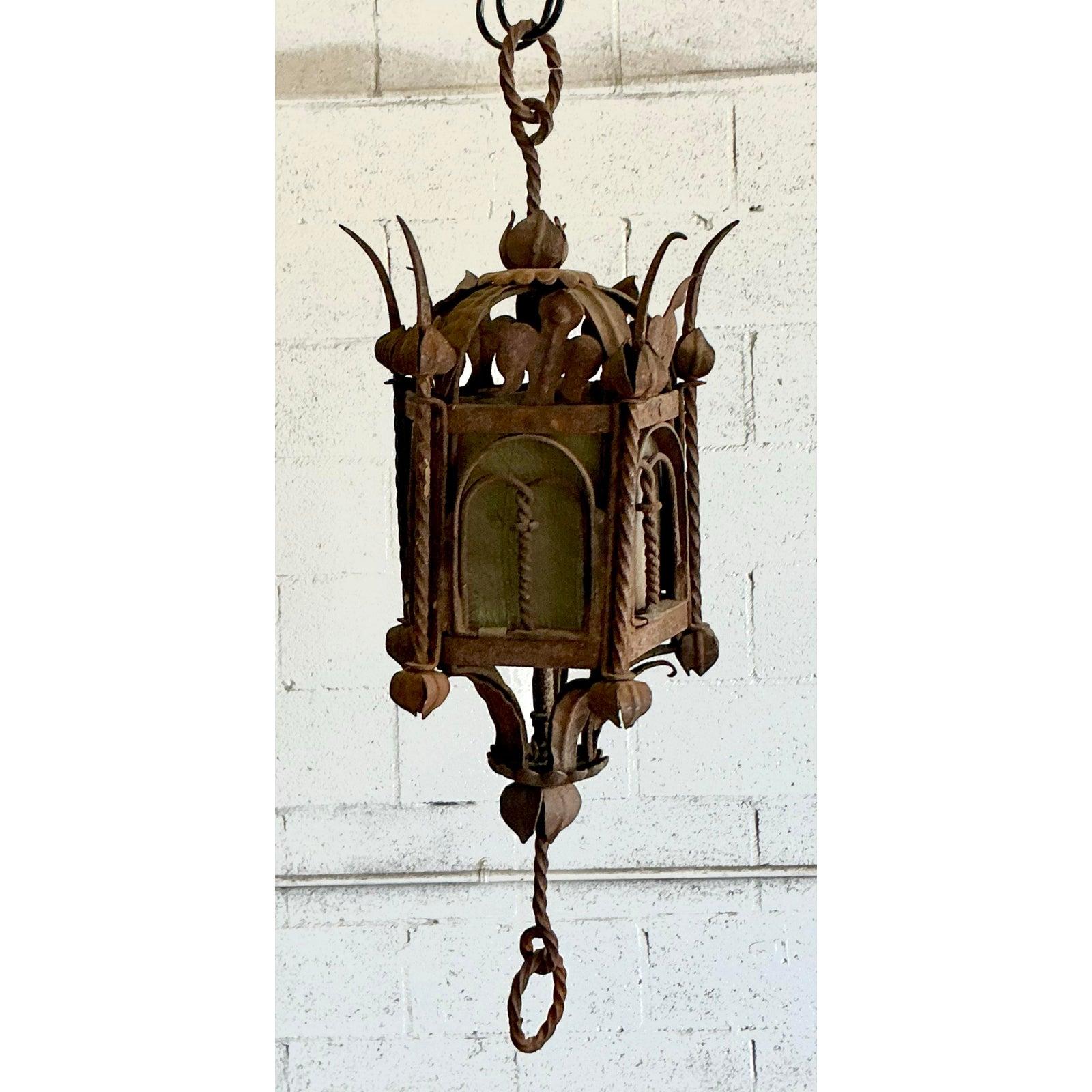 Vintage Boho Patinated Mizner Style Lantern In Good Condition For Sale In West Palm Beach, FL