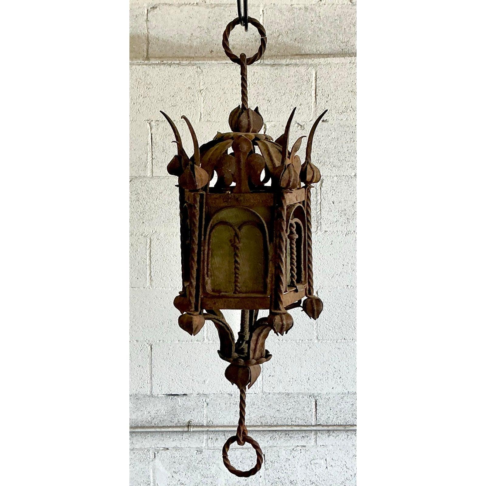 20th Century Vintage Boho Patinated Mizner Style Lantern For Sale