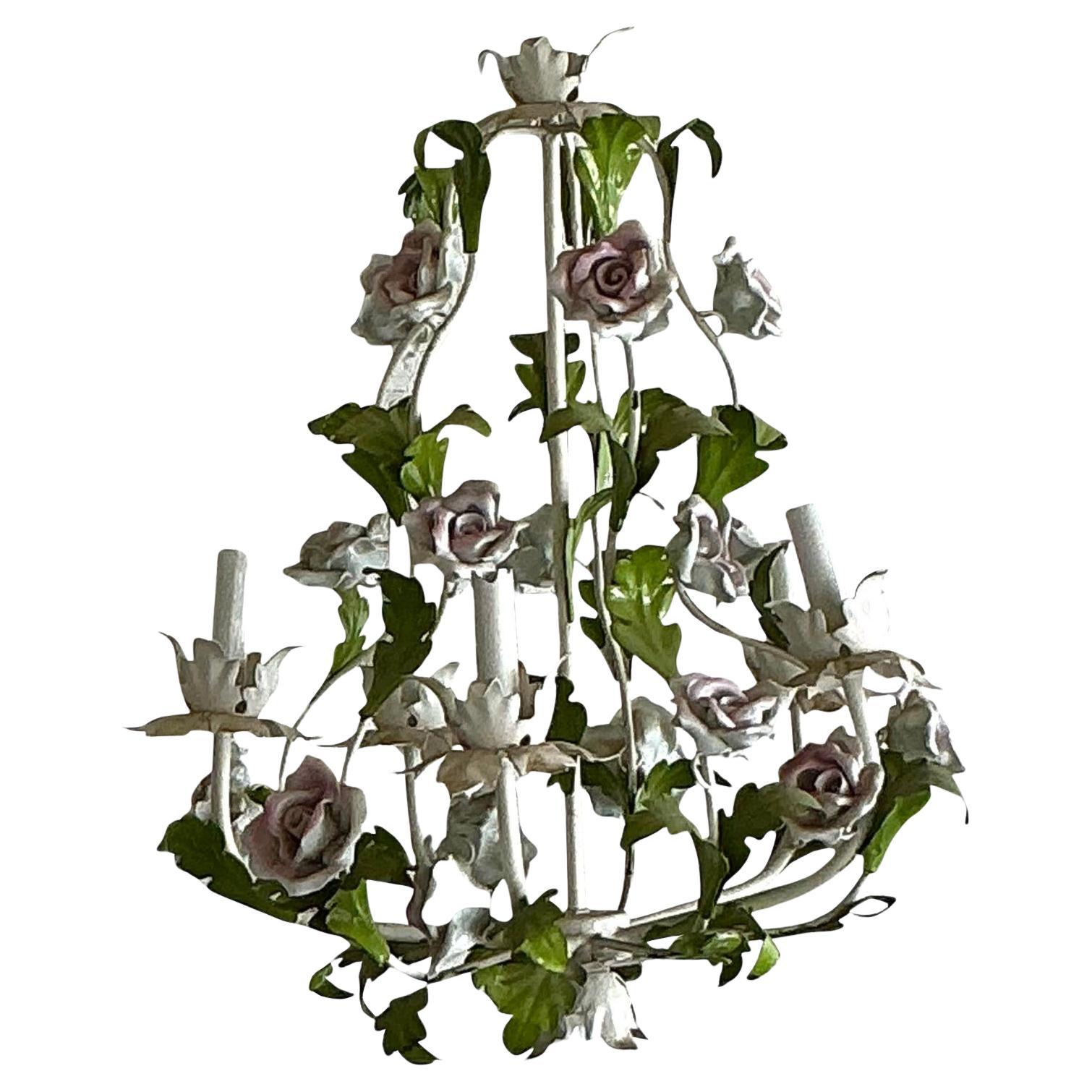 Vintage Regency Tole Roses Chandelier