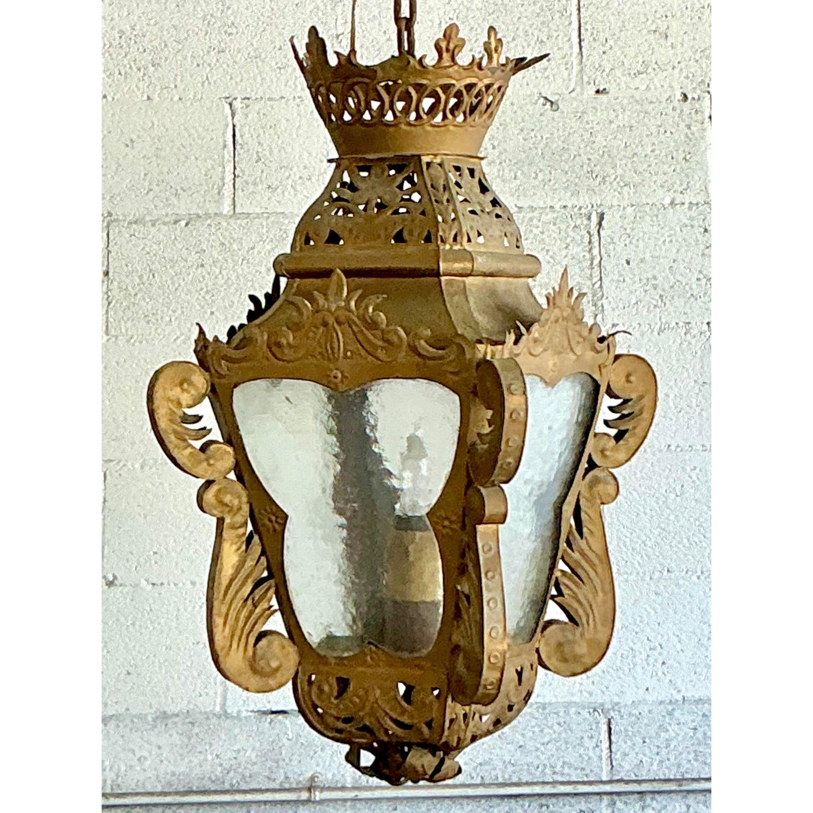 American Vintage Boho Pierced Metal Lantern For Sale