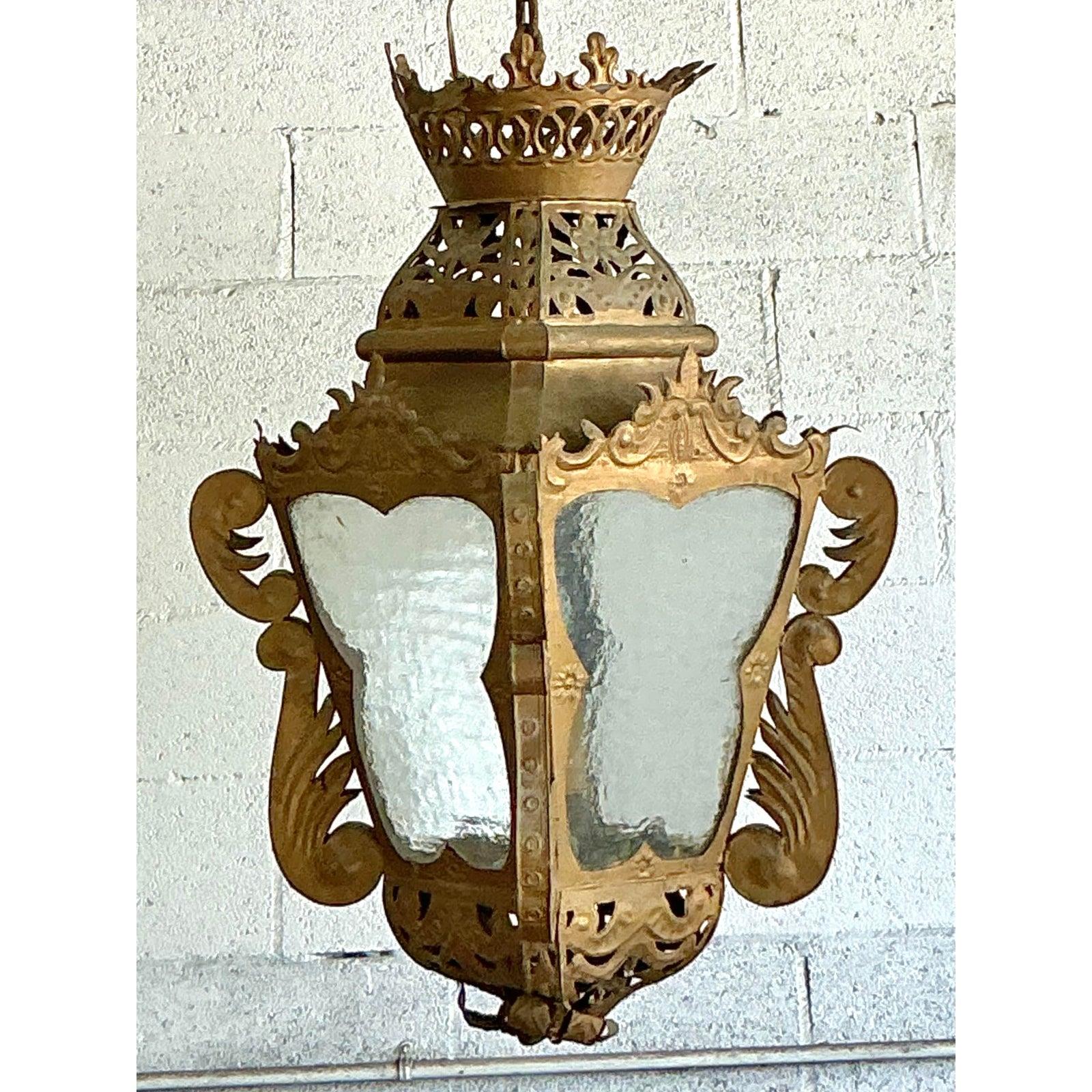 Gothic Revival Vintage Boho Pierced Metal Lantern For Sale