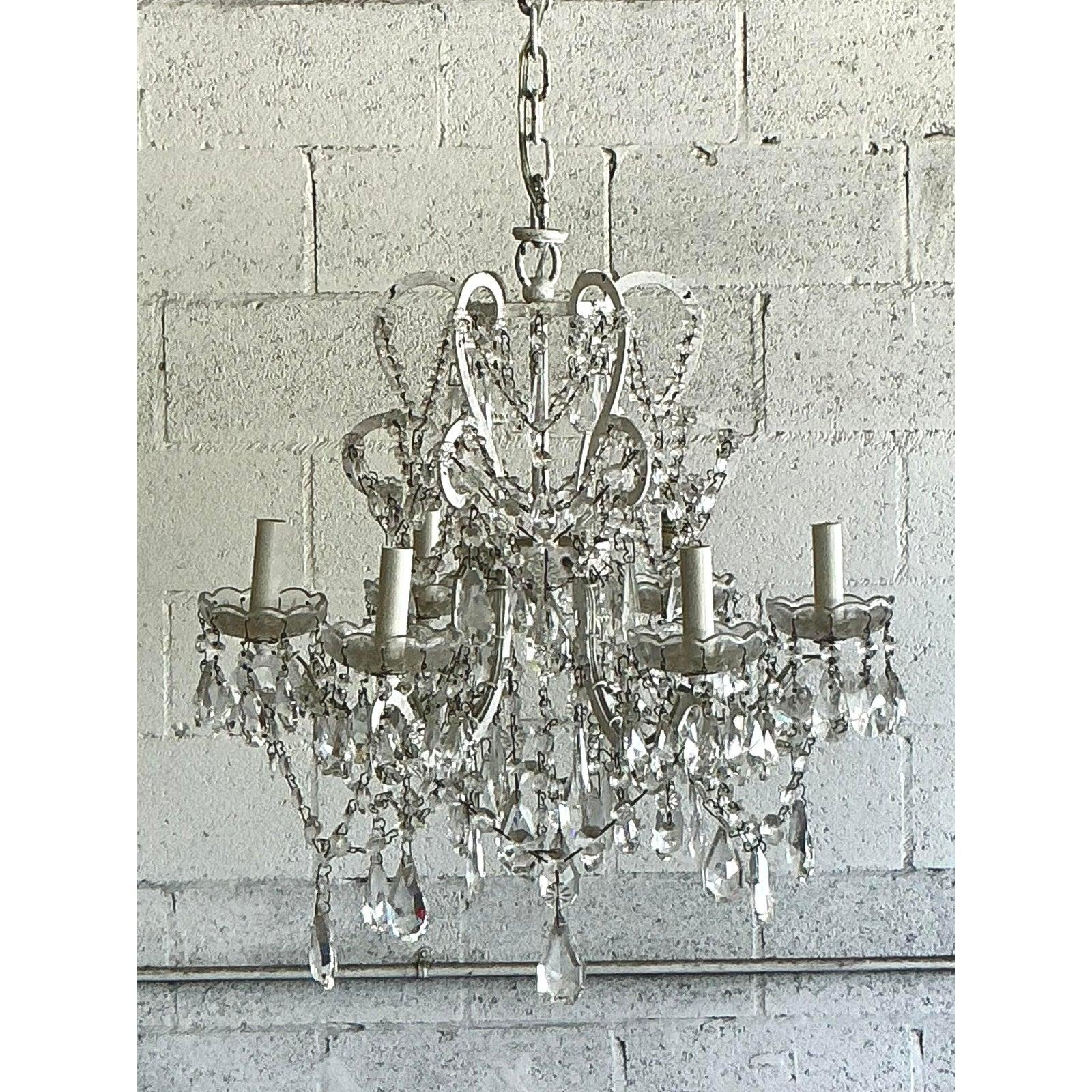 Metal Vintage Regency Restoration Hardware Crystal Drop Chandelier For Sale