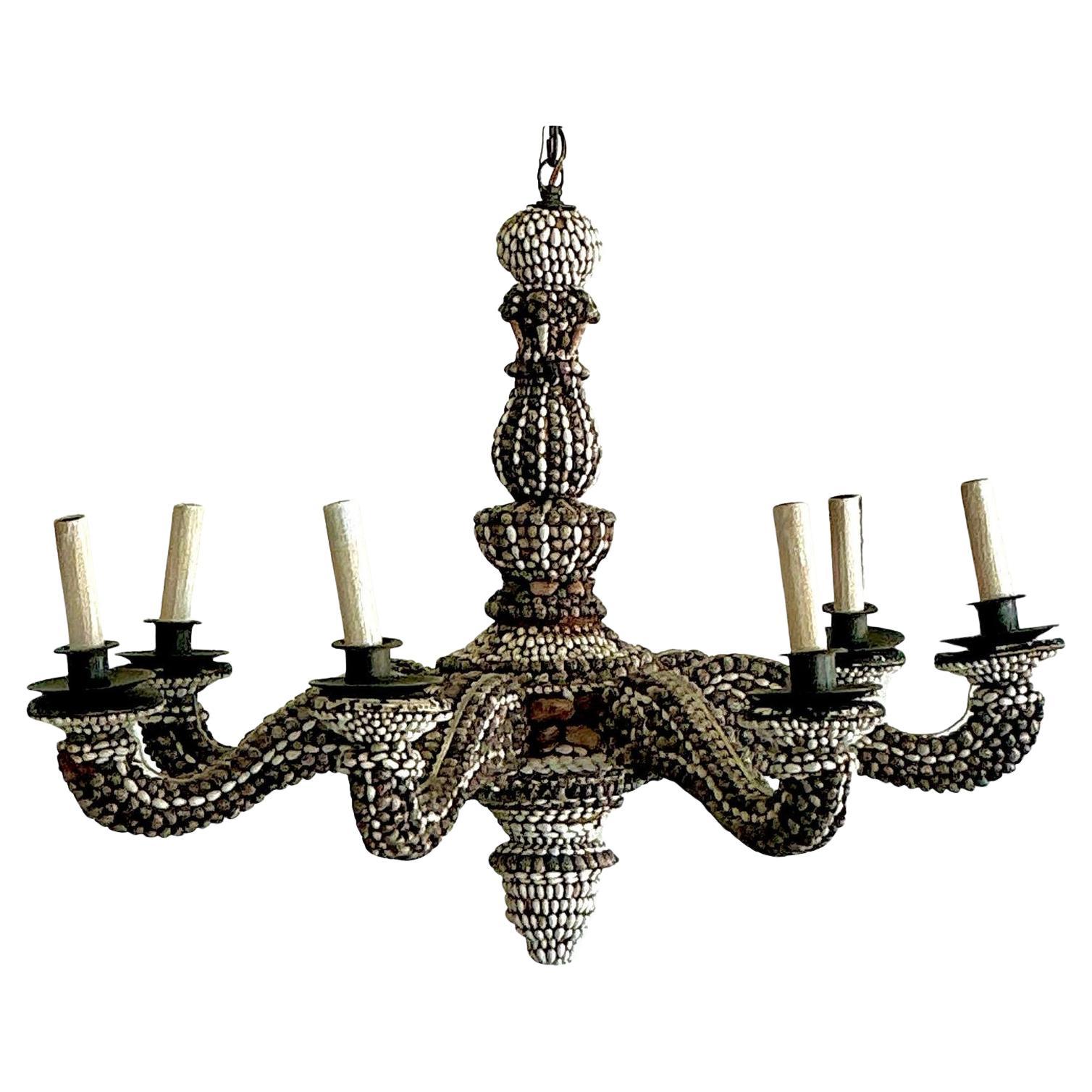 Vintage Boho Shell Encrusted Chandelier For Sale