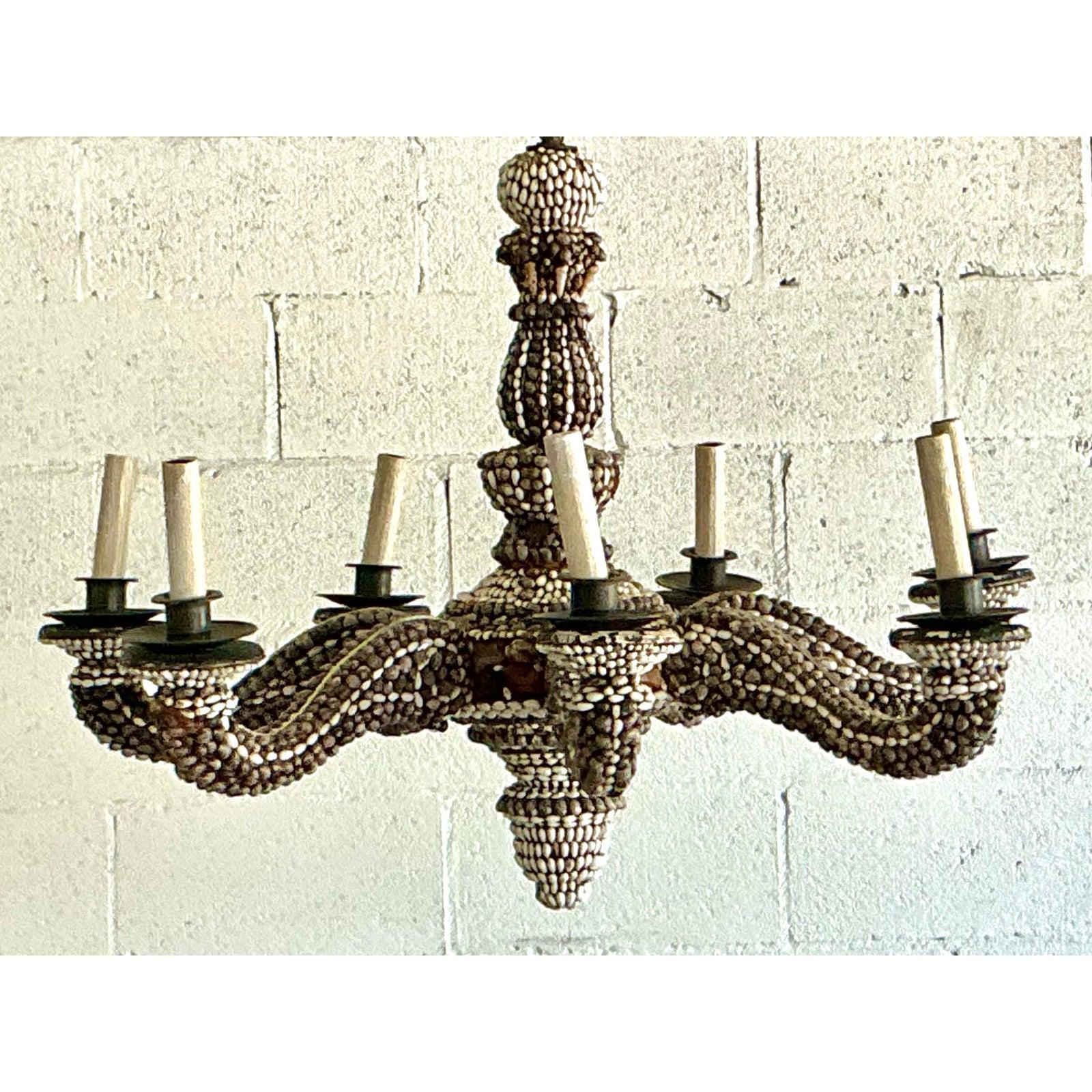 Vintage Boho Shell Encrusted Chandelier In Good Condition For Sale In West Palm Beach, FL