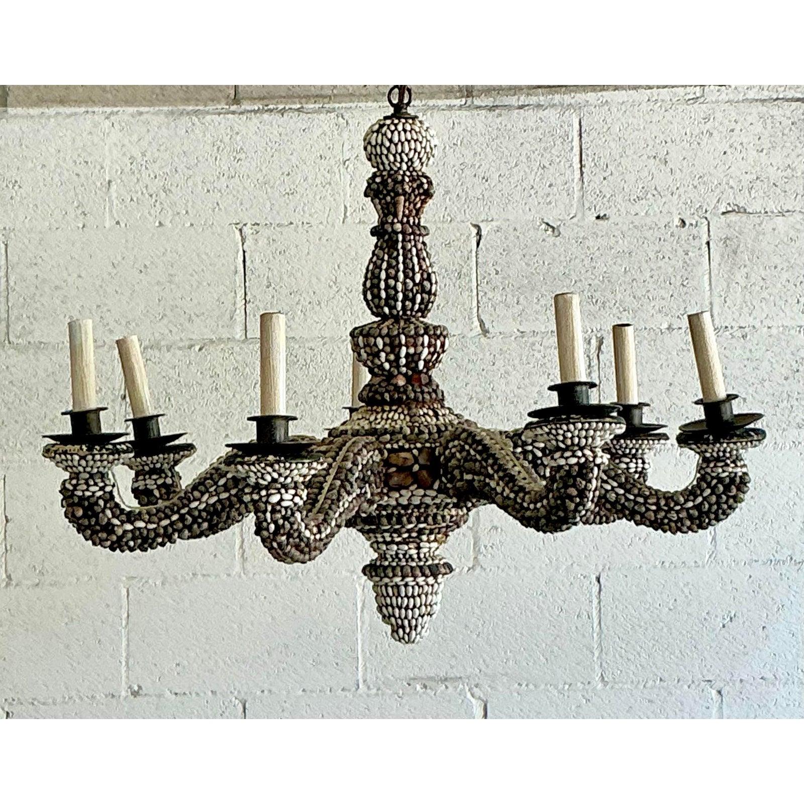 Vintage Boho Shell Encrusted Chandelier For Sale 2