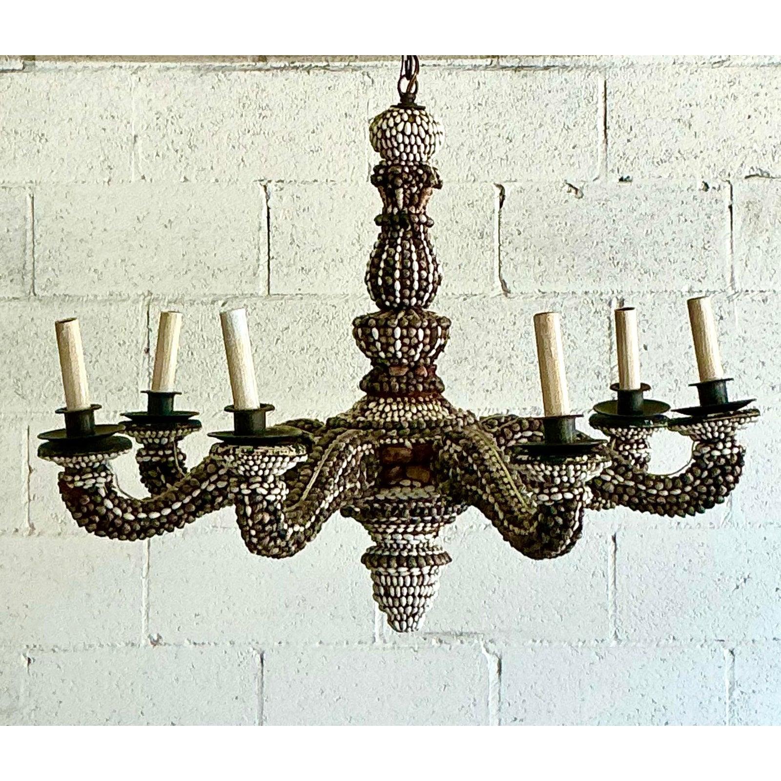 20th Century Vintage Boho Shell Encrusted Chandelier For Sale