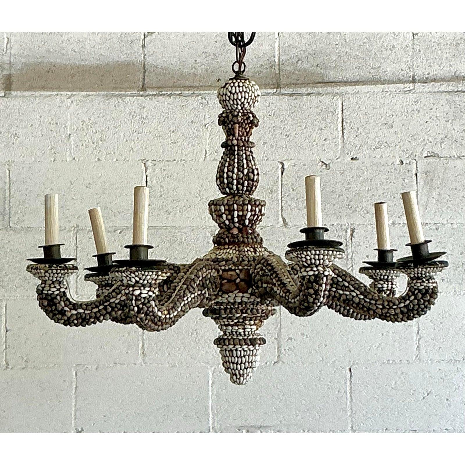 American Vintage Boho Shell Encrusted Chandelier For Sale