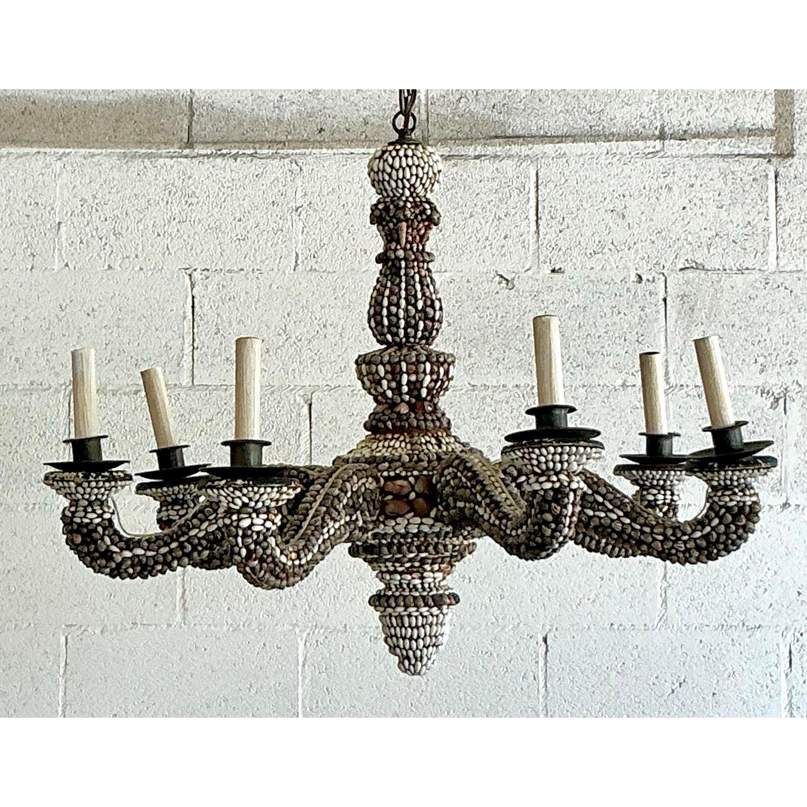 Vintage Boho Shell Encrusted Chandelier For Sale 1
