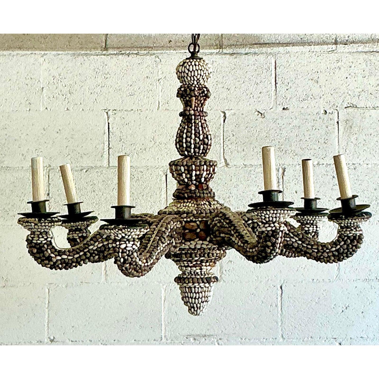 Vintage Boho Shell Encrusted Chandelier For Sale 6