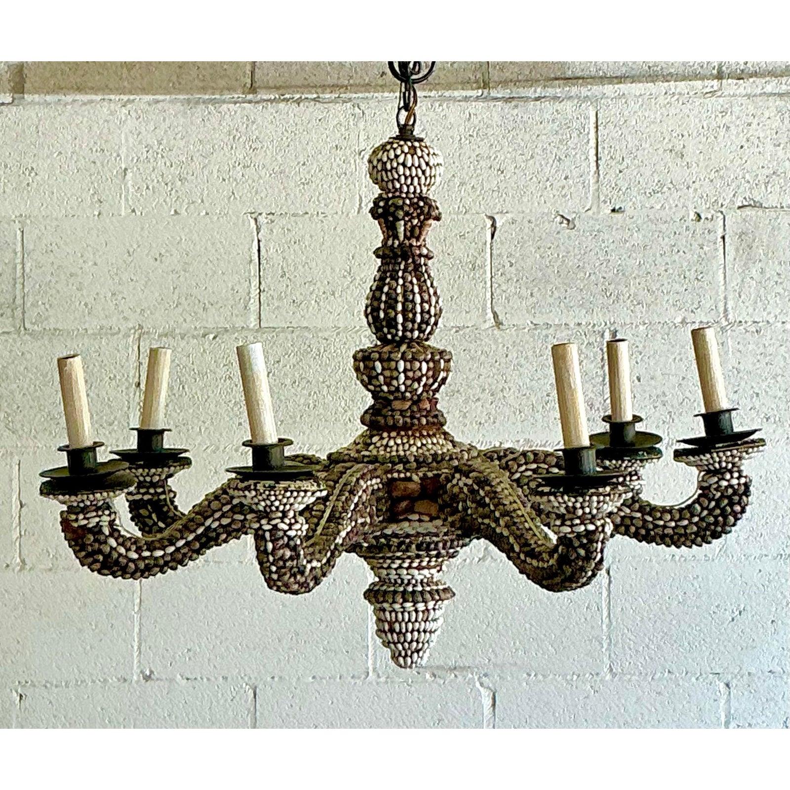 Vintage Boho Shell Encrusted Chandelier For Sale 4