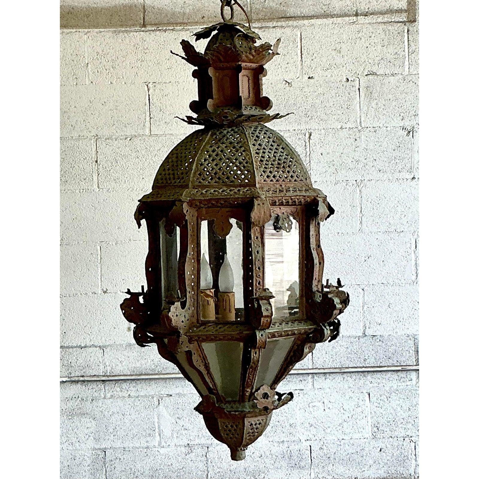Vintage Boho Moroccan Patinated Lantern In Good Condition For Sale In West Palm Beach, FL
