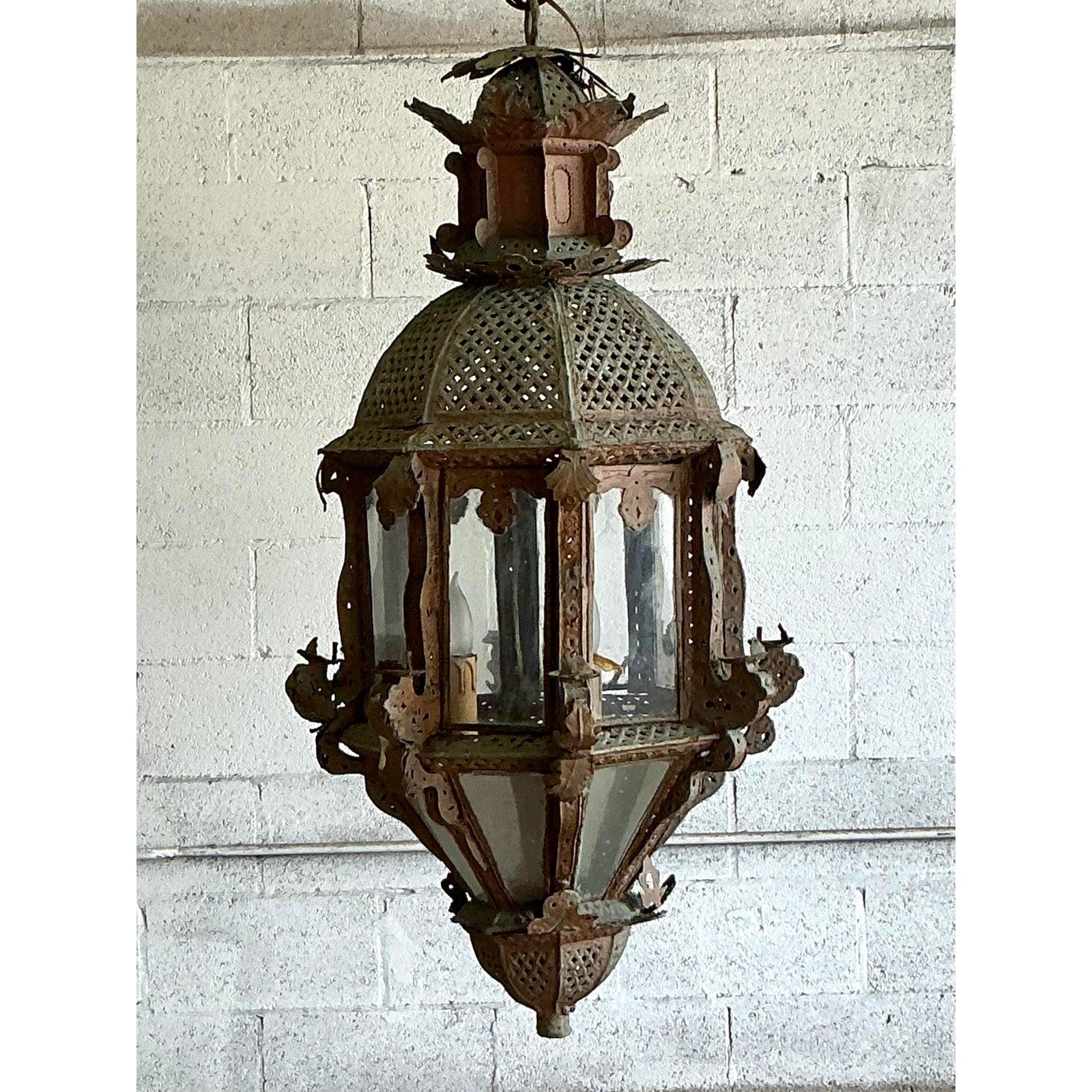 Metal Vintage Boho Moroccan Patinated Lantern For Sale
