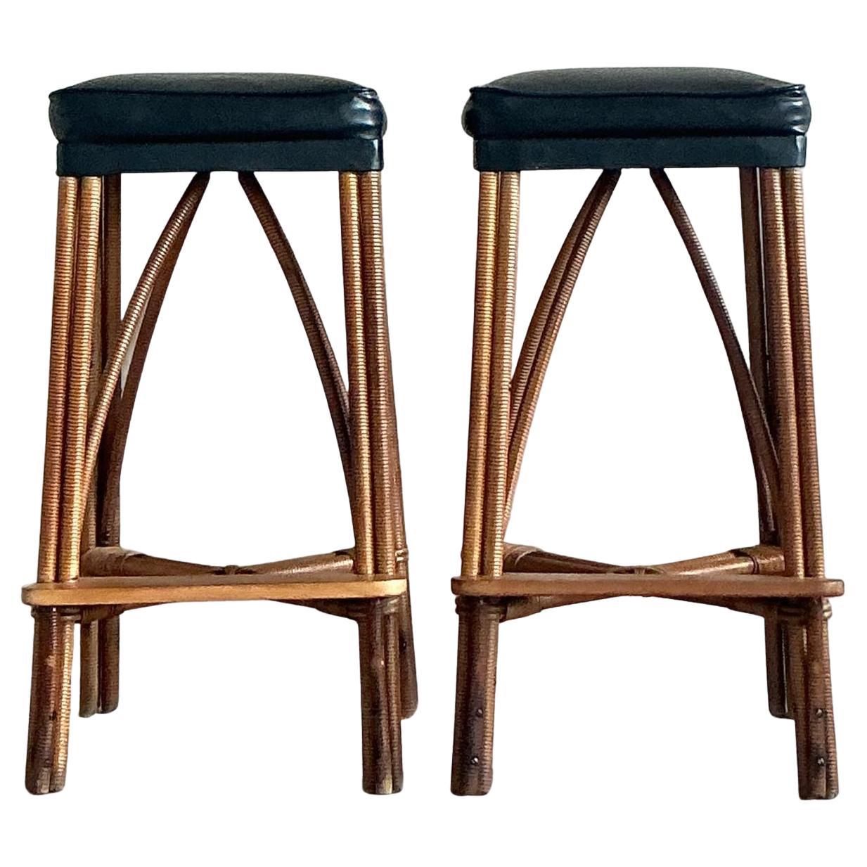 Vintage Coastal Wrapped Rattan Bar Stools - A Pair