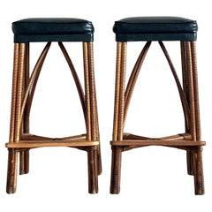Vintage Coastal Wrapped Rattan Bar Stools - A Pair