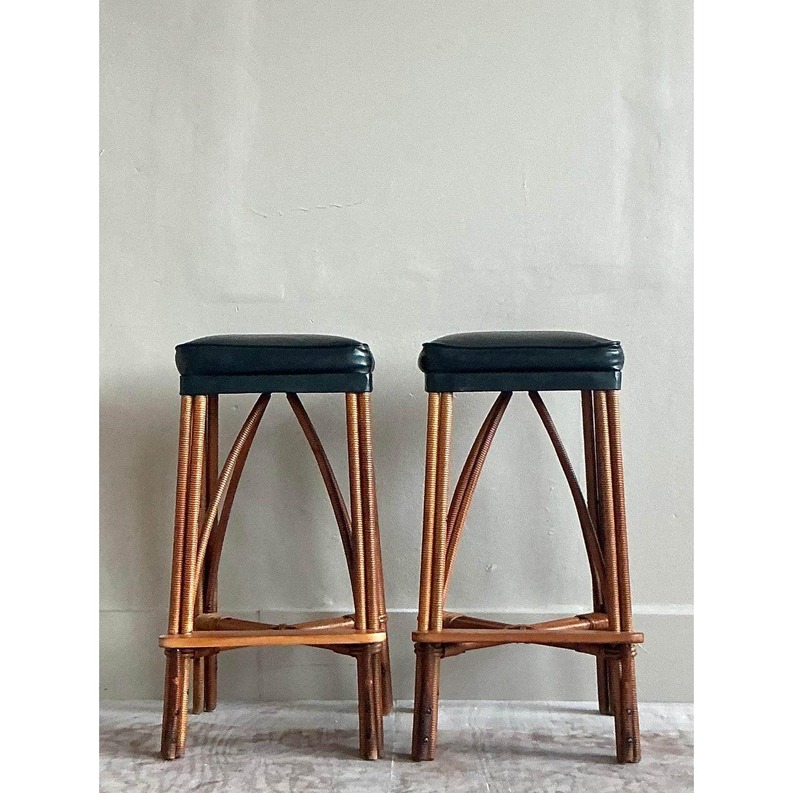 Organic Modern Vintage Coastal Wrapped Rattan Bar Stools - A Pair For Sale