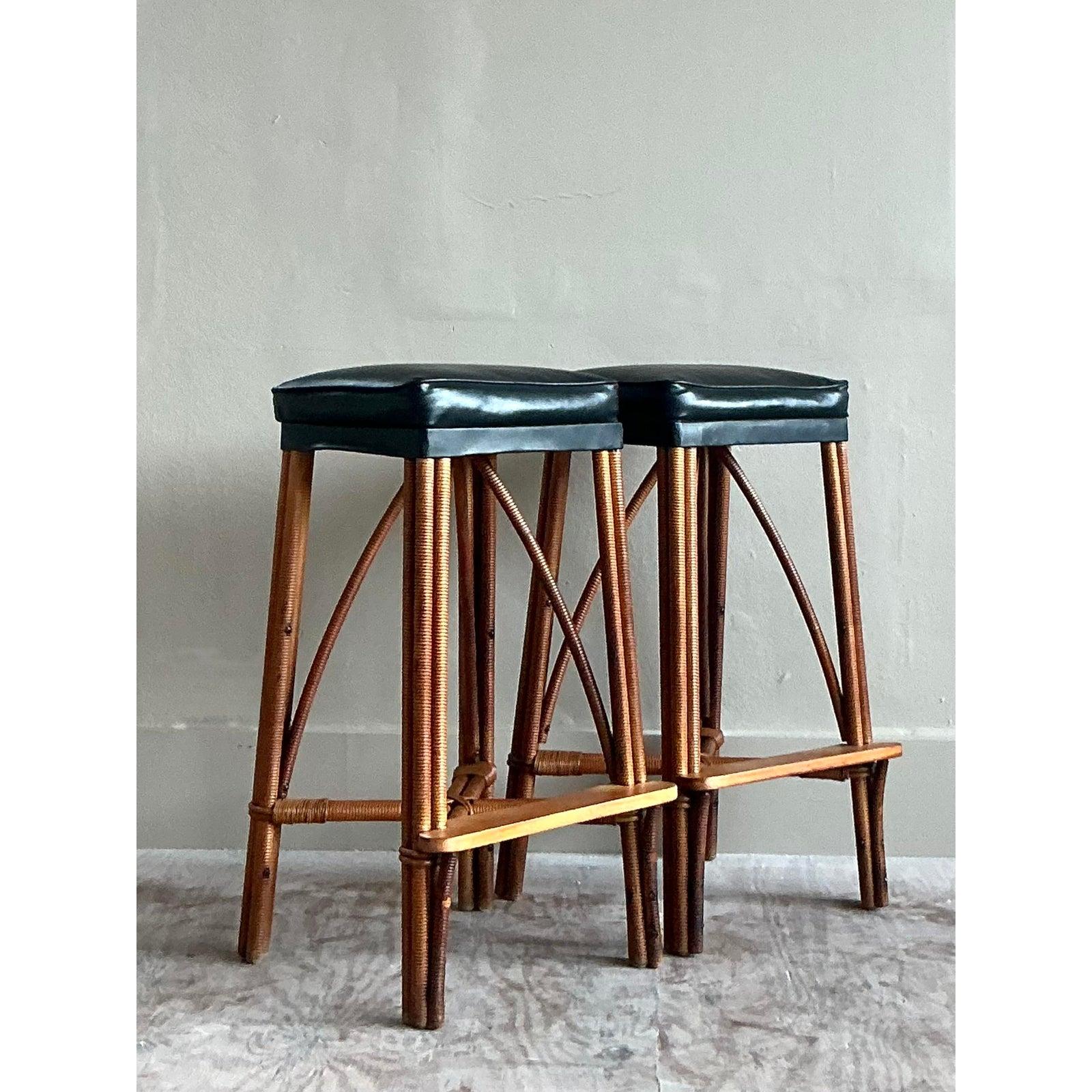 American Vintage Coastal Wrapped Rattan Bar Stools - A Pair For Sale