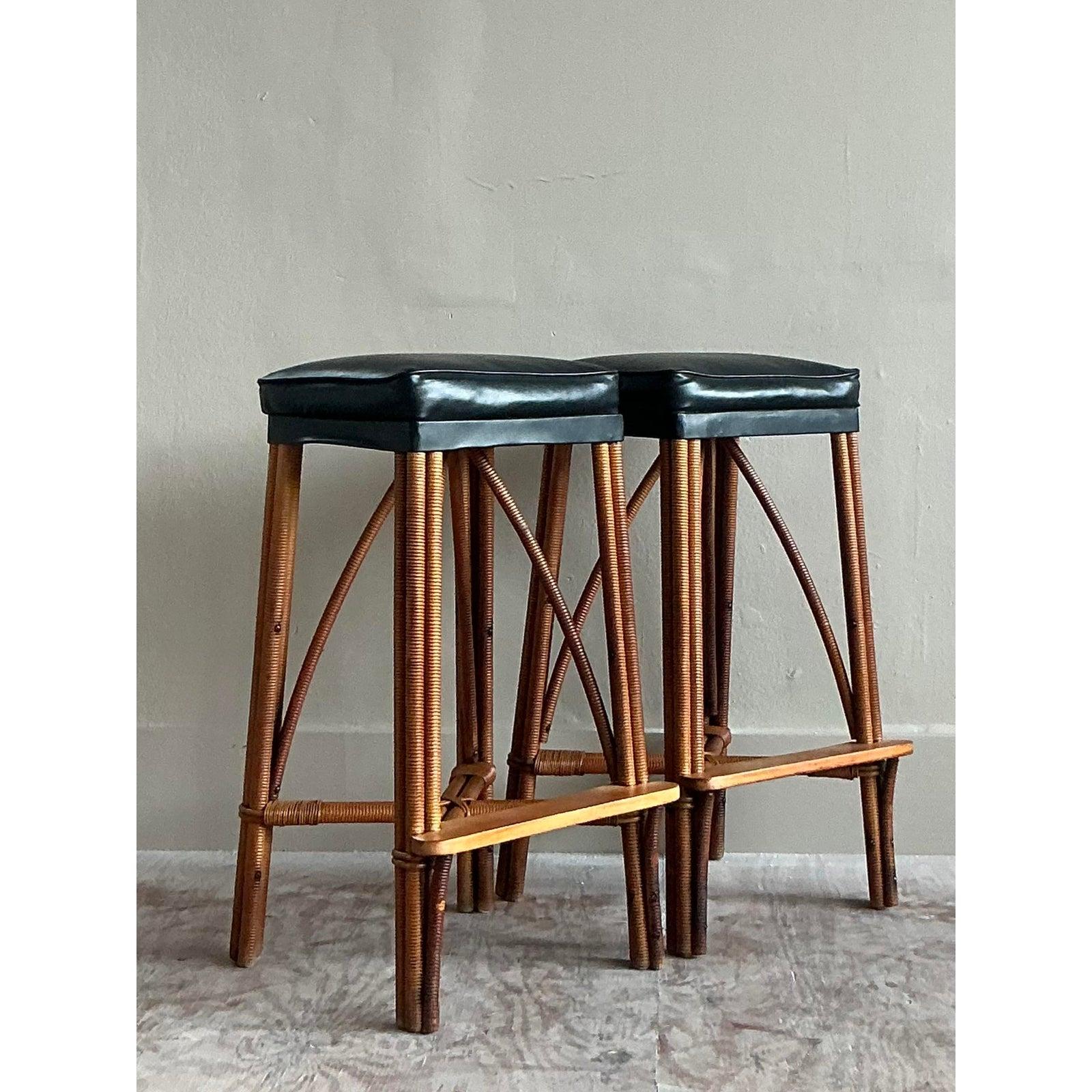 Vintage Coastal Wrapped Rattan Bar Stools - A Pair In Good Condition For Sale In West Palm Beach, FL