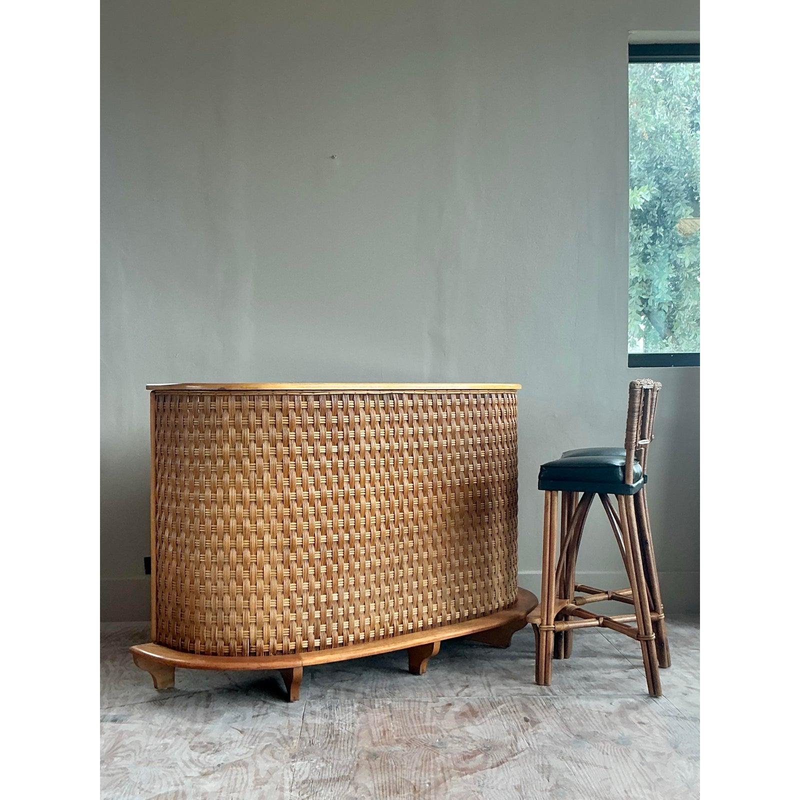 20th Century Vintage Coastal Wrapped Rattan Bar Stools - A Pair For Sale